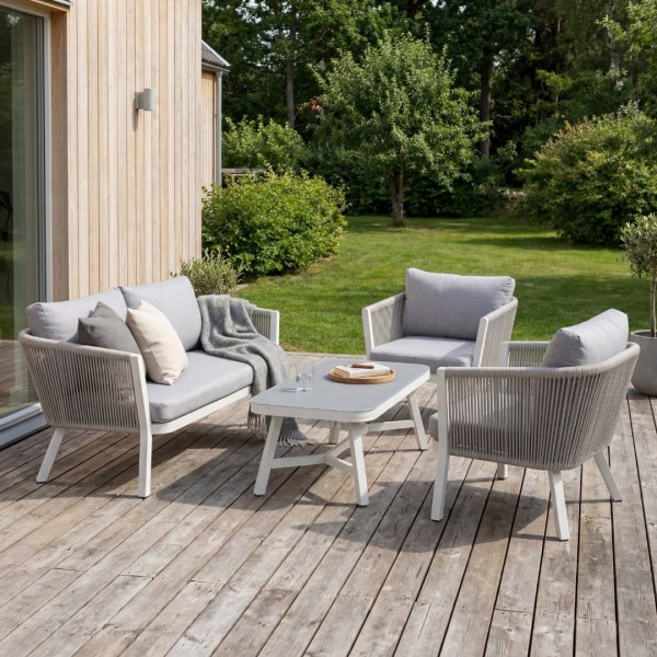 Loungesett gr� med hvite puter - Virya + M�belpleie