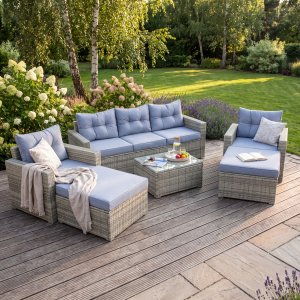 Stor loungegruppe 7 deler | Sofa, lenestoler, bord og krakker | Gr� + Flekkfjerner for m�bler