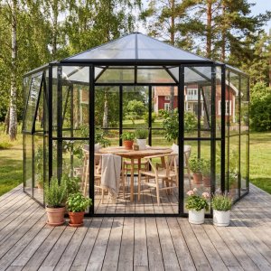 Frittstående drivhus Miranda V.2 9 m² herdet glass svart - Gardeney + Drivhusbord Frittstående drivhus Miranda V.2 9 m² herdet glass svart - Gardeney + Drivhusbord