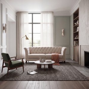 Chesterfield 3-seters sofa i beige fl�yel - 210 cm med svarte lakkerte ben