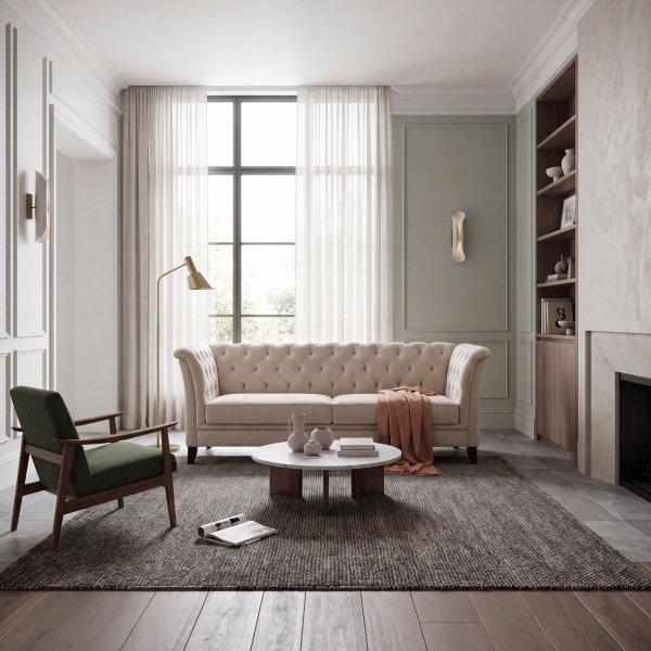 Chesterfield 3-seters sofa i beige fl�yel - 210 cm med svarte lakkerte ben