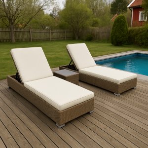 Astrid 2 stk Solsenger med bord - Naturlig syntetisk rotting Astrid 2 stk Solsenger med bord - Naturlig syntetisk rotting
