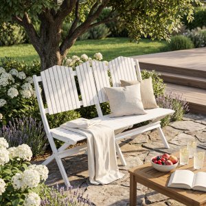 Hvit utesofa i tre 130 cm - Sammenleggbar hagebenk utend�rs + M�belpleie