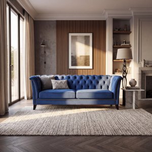 Bl� Chesterfield-sofa 3-seter - Milton i fl�yel, m�l 210x82x77 cm