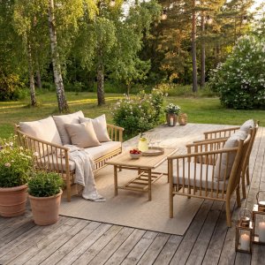 Bambus utend�rs loungegruppe Sofa, 2 lenestoler og bord i naturmateriale