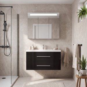 Baderomspakke 90 cm svart LED-speilskap - Malaga + Toalettpapirholder Baderomspakke 90 cm svart LED-speilskap - Malaga + Toalettpapirholder