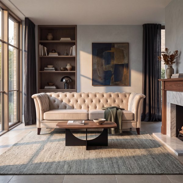 Beige Chesterfield 3-seters sofa Milton - Fløyel, bredde 210 og dybde 82 cm Beige Chesterfield 3-seters sofa Milton - Fløyel, bredde 210 og dybde 82 cm