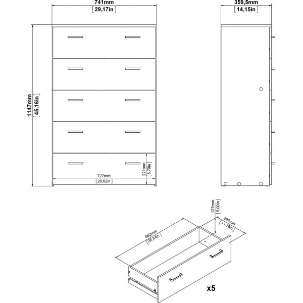 Space kommode hvit med 5 skuffer, bredde 74 cm og h�yde 115 cm