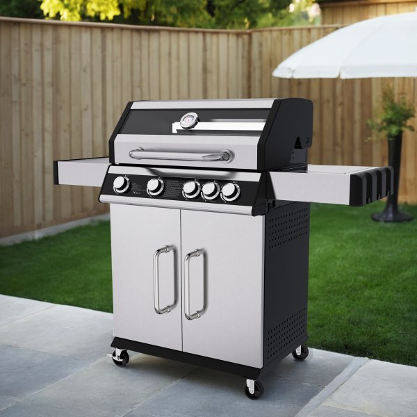 Gassgrill i rustfritt stl med sidebrenner | Lokk med glassvindu | Kansas