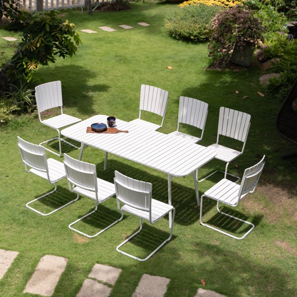 Holmsund matvaregruppe; bord 180x80 cm med 8 stoler - hvitt + Tekstilimpregnering for utembler