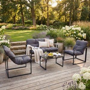 Loungesett med lenestoler og salongbord Svart/Gr� - Kreta + Flekkfjerner for m�bler