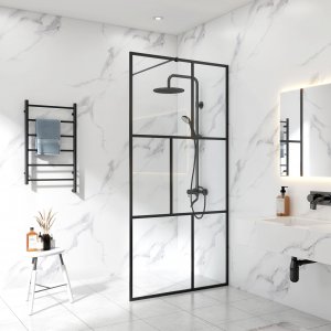 Dusjvegg 80200 cm - svarte stenger og 6 mm sikkerhetsglass