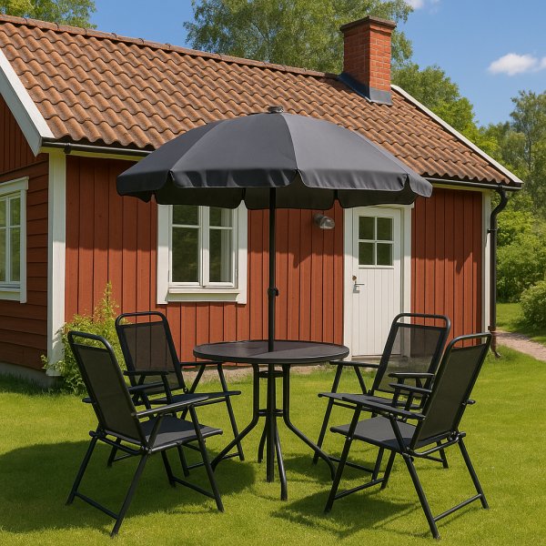 Vxj utegruppe komplett med bord, 4 stoler og parasoll