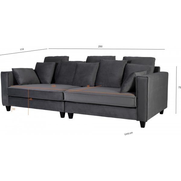 Sofa 250 cm bred m�rkegr� fl�yel 114 cm dyp