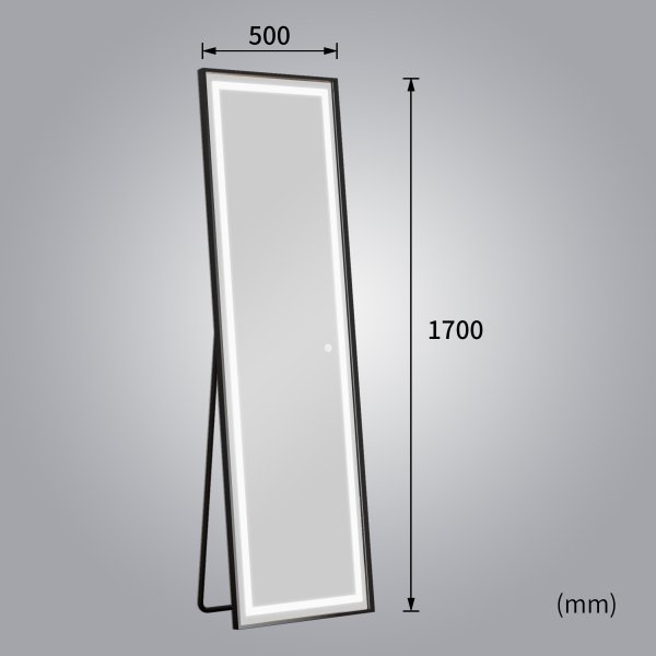 Stende speil med belysning - 170x50 cm - svart ramme