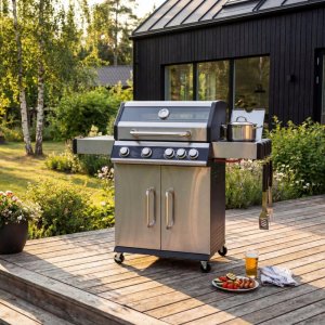 Gassgrill i rustfritt stål med sidebrenner og glassvindu 68x42 cm Gassgrill i rustfritt stål med sidebrenner og glassvindu 68x42 cm