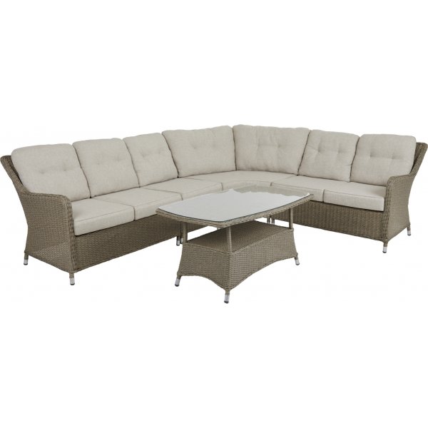 Baskemlle utendrs sofagruppe; Hjrnesofa med bord i naturrotting