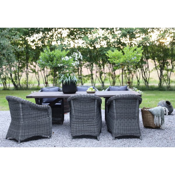 Oxford utendrs spisegruppe; brunt bord 220 cm inkl. 6 stk. Mercury lenestoler gr kunstrotting