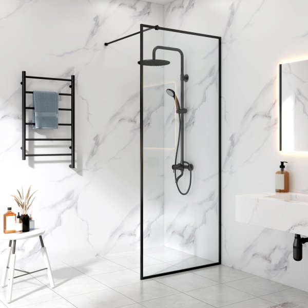 Dusjvegg 85x210cm | Aluminium og sikkerhetsglass | Svart ramme