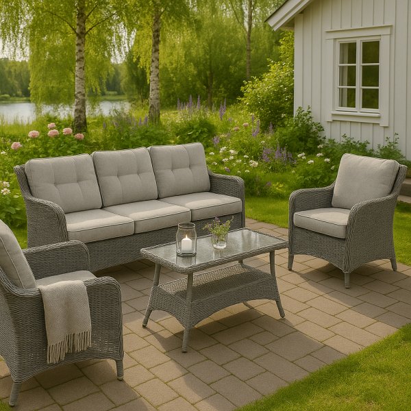 Svan - Loungesett i 4 deler | Naturlig farget kunstrotting
