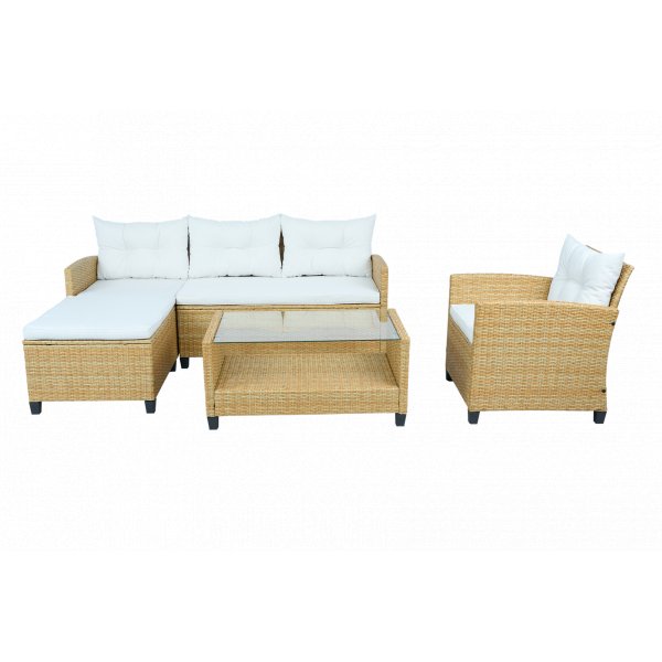 Utend�rs sofagruppe med divan og lenestol | Loungegruppe i kunstrotting | Beige