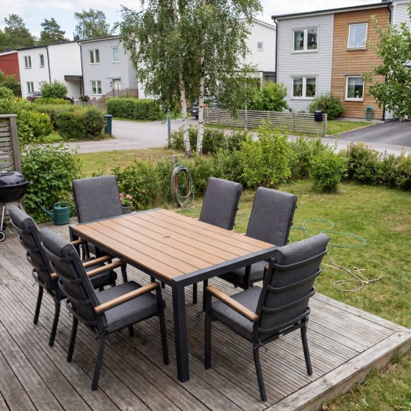 Utem�bler spisegruppe 6 stoler gr�brun 160 cm aluminium polywood