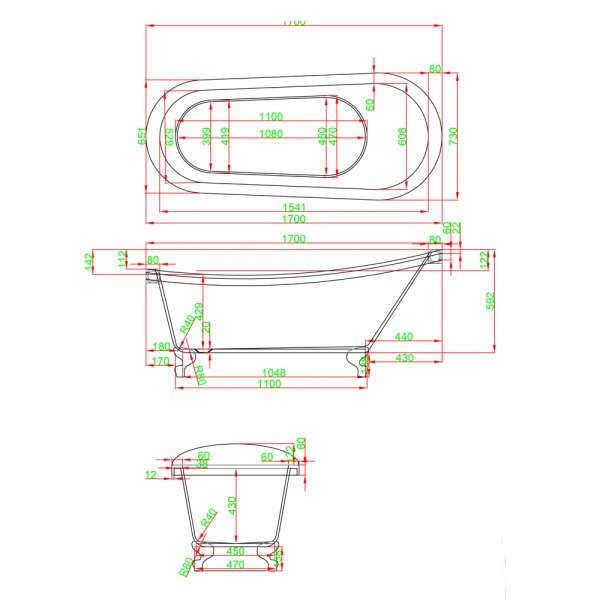 Frittstående badekar med kloføtter Klassico 170 x 730 cm Frittstående badekar med kloføtter Klassico 170 x 730 cm