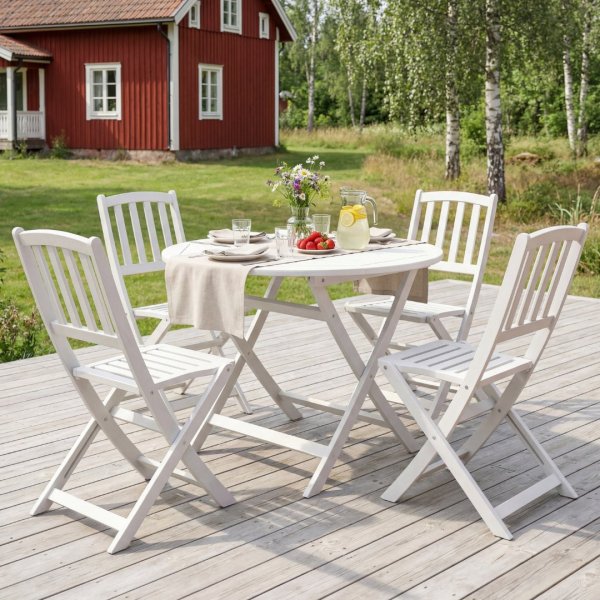 Hagespisesett sammenleggbart hvitt bord og 4 stoler - FSC-tre