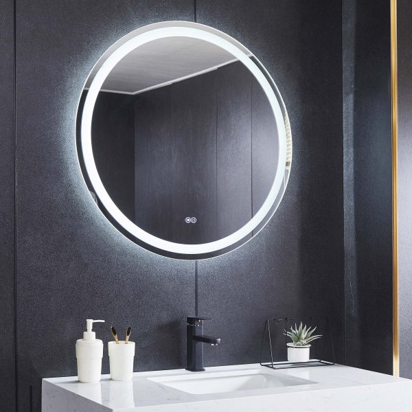 Rundt baderomsspeil 80 cm | LED-belysning, antidugg og dimmer