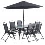 Komplett uteserveringssett med 6 stoler og parasoll