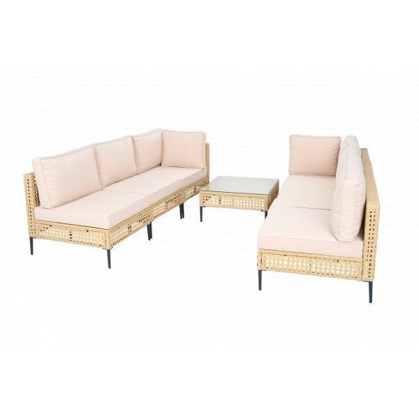 Stor utend�rs hj�rnesofa med bord | Loungesett i kunstrotting | Kremfarget