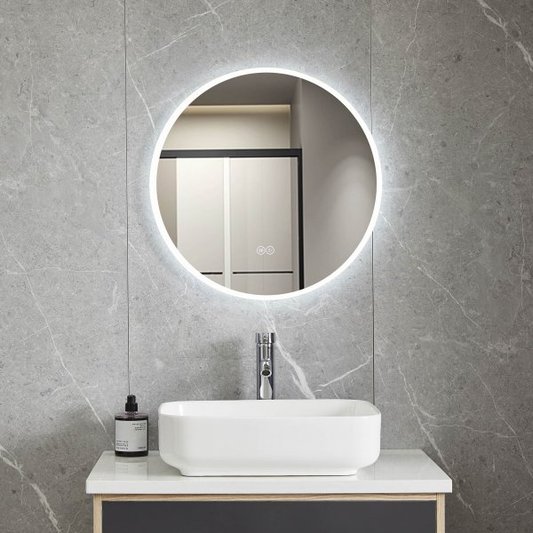 Rundt baderomsspeil 60 cm med LED-belysning, dimmer, antidugg og berringskontroll