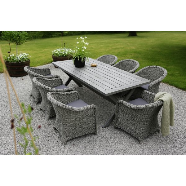Oxford utendrs spisegruppe; grtt bord 220 cm inkl. 6 stk. Mercury lenestoler i gr kunstrotting