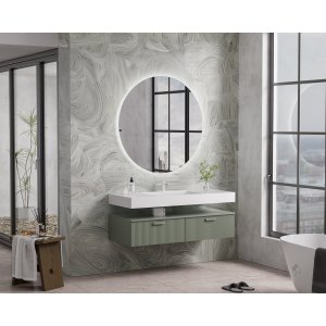 Baderomsm�bel 120 cm gr�nt med rundt LED-speil og keramisk vask