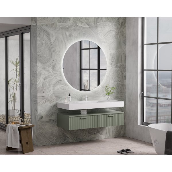 Baderomsm�bel 120 cm gr�nt med rundt LED-speil og keramisk vask