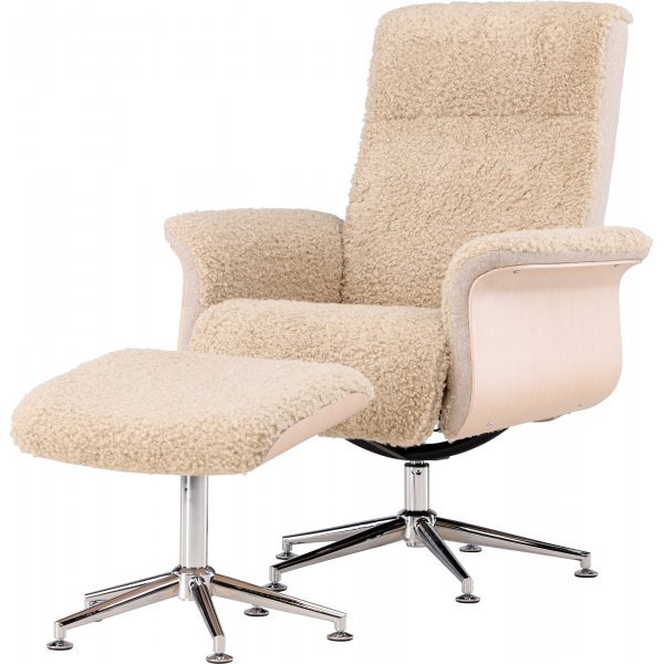 Lenestol med fotskammel Hag�n - beige teddy hvitvasket