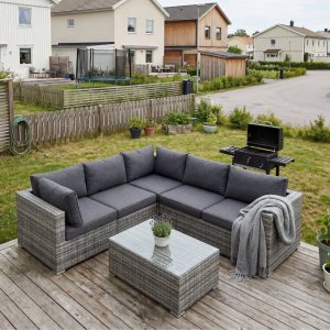 Loungegruppe gr� hj�rnesofa i kunstrotting - Amazon